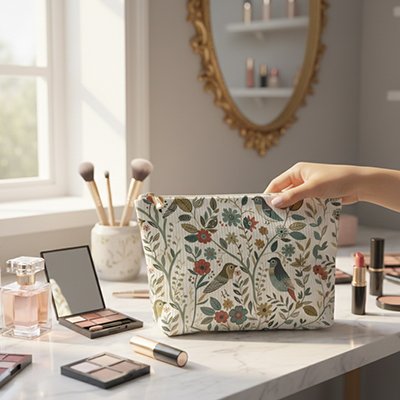 Trousse maquillage motif fleurit et oiseau