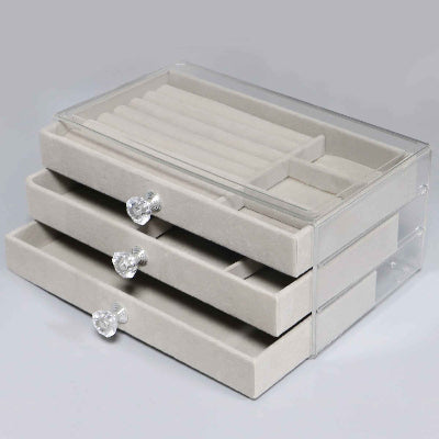 boite a bijoux colori gris haut transparent tiroir intérieur flanelle 