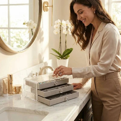boite a bijoux femme se prepare prend un bijou