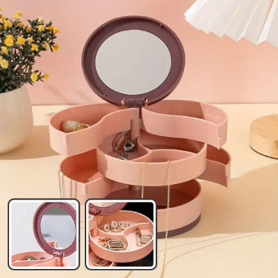 Boite a bijoux rose zoom sur miroir et étage rangement bijoux