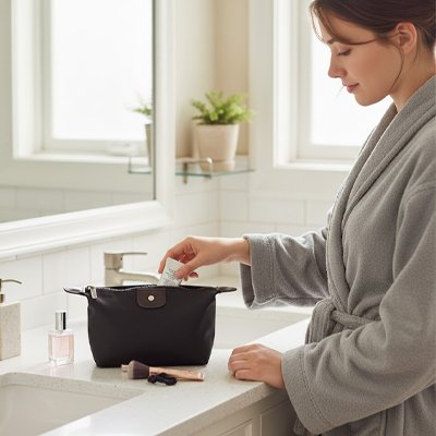 femme dans salle de bain remplit Trousse de toilette femme noir 
