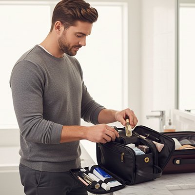 homme dans salle de bain organise Trousse de toilette