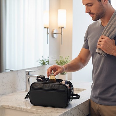  homme repose son parfum dans Trousse de toilette