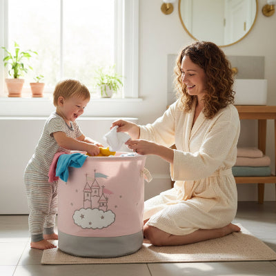 Panier a linge femme et enfant dans salle de bain met vêtement dans panier 