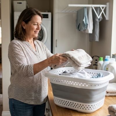 Panier à linge plastique femme dans salle de bain pli vetement