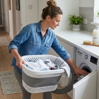 Panier à linge plastique femme met vetement dans machine a laver