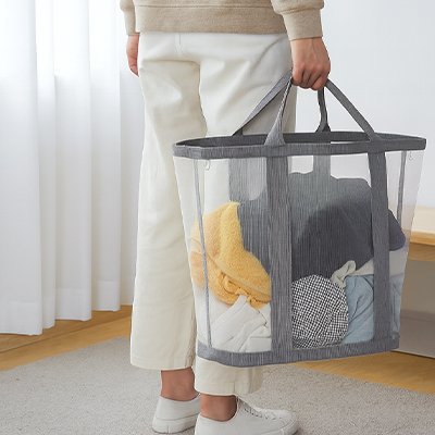 Panier à linge sale gris transparent avec poignée