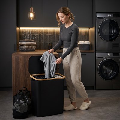 Panier à linge sale noir dans salle de bain femme tri vetement sale
