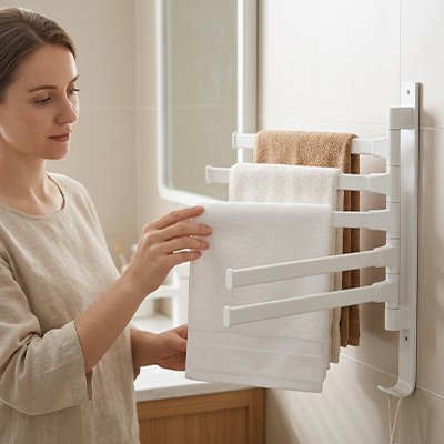 Porte serviette salle de bain blanc 5 bars fixer au mur femme positionne serviette sur bar