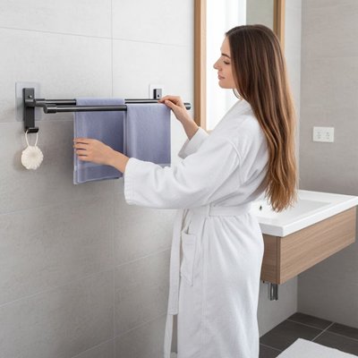 Porte serviette salle de bain femme en peignoir se seche serviette poser sur porte serviette