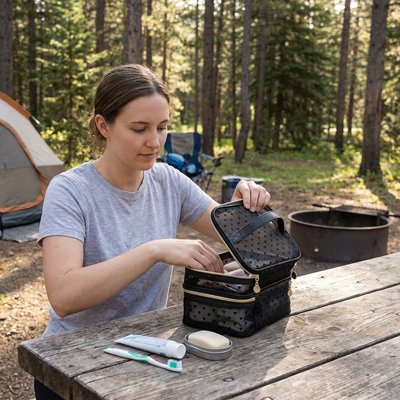 Trousse de toilette femme assis en exterieur utilise trousse