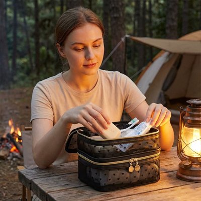 Trousse de toilette femme assise en exterieur utilise trousse 