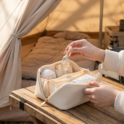 Trousse de toilette femme se parfume devant tente