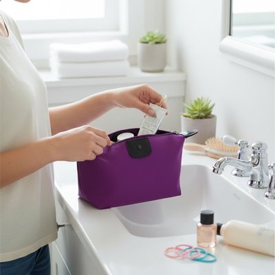 Trousse de toilette femme violet femme prend crème 