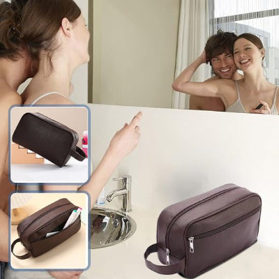 Trousse de toilette homme couple dans salle de bain