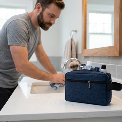 trousse de toilette homme poser dans salle de bain