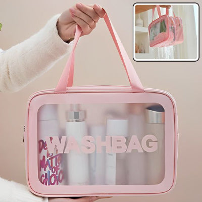 Trousse de toilette rose transparente avec poignée de transport
