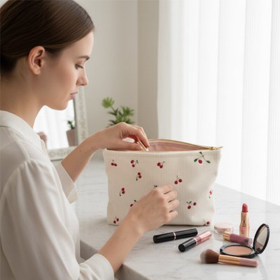Trousse maquillage en tissu motif cerise femme range son maquillage a l'interieur