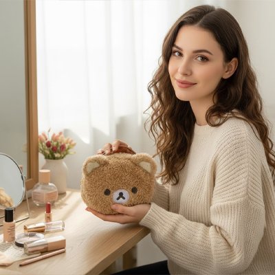 Trousse maquillage fille forme de tête de nounours femme le montre