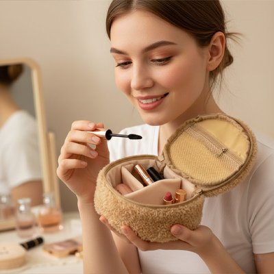 Trousse maquillage fille ouverte femme se maquille