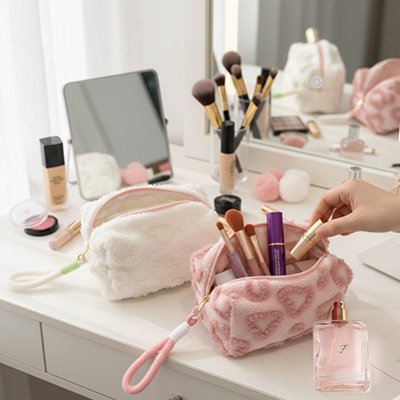 Trousse maquillage ouverte avec maquillage rangé