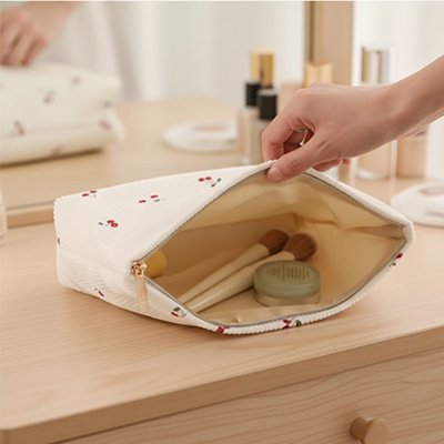 Trousse maquillage ouverte femme montre l'interieur