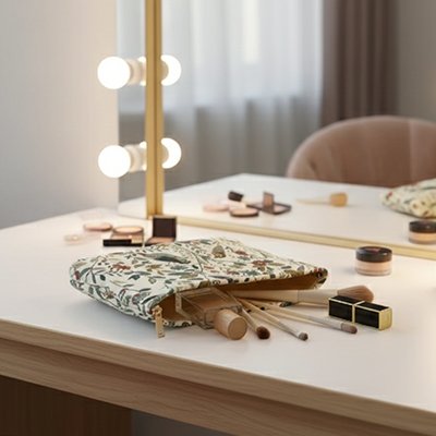 Trousse maquillage poser sur commode ouverte et maquillage a l'interieur