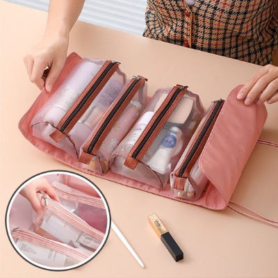 trousse maquillage rose avec détail compartiment