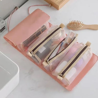 trousse maquillage rose avec maquillage bien organisé