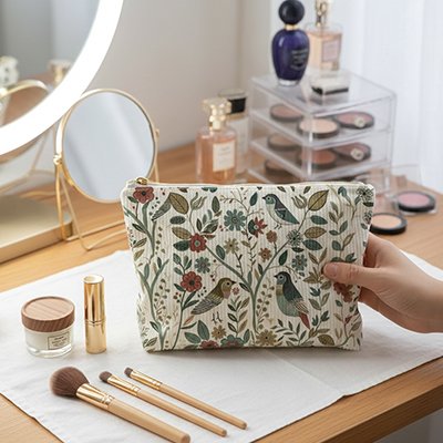Trousse maquillage tissu fleurit et oiseaux  femme la tiens debout